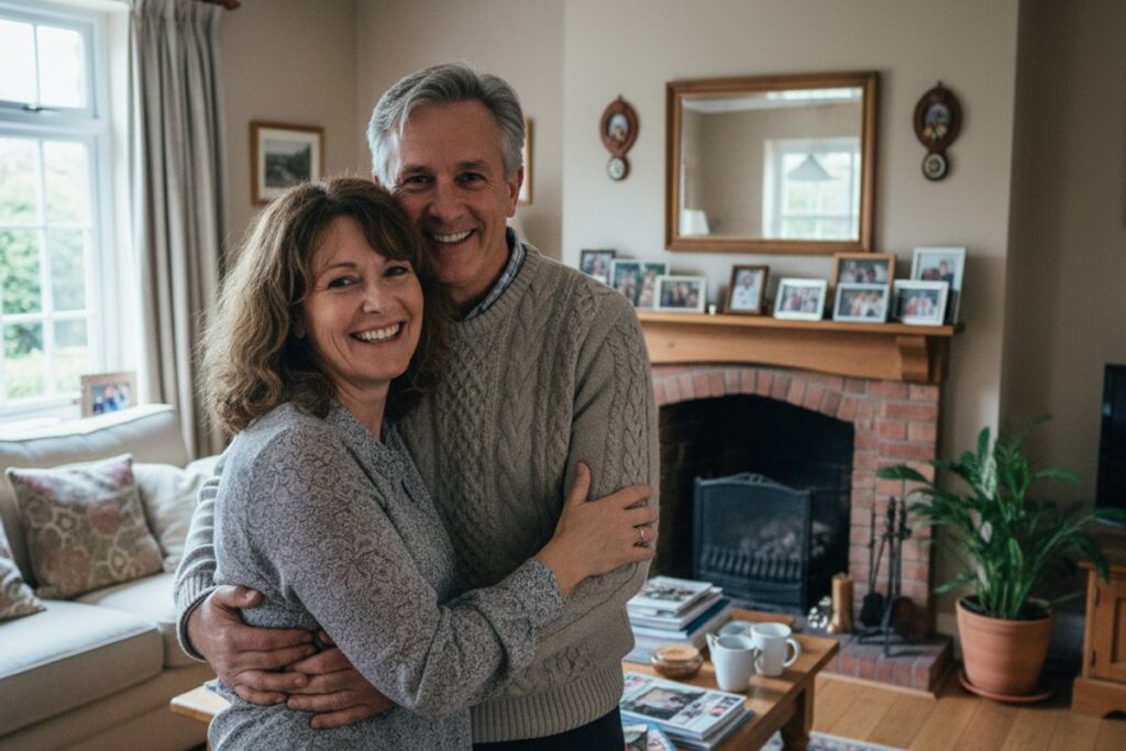 Happy middle-aged British couple smiling and embracing in their living room